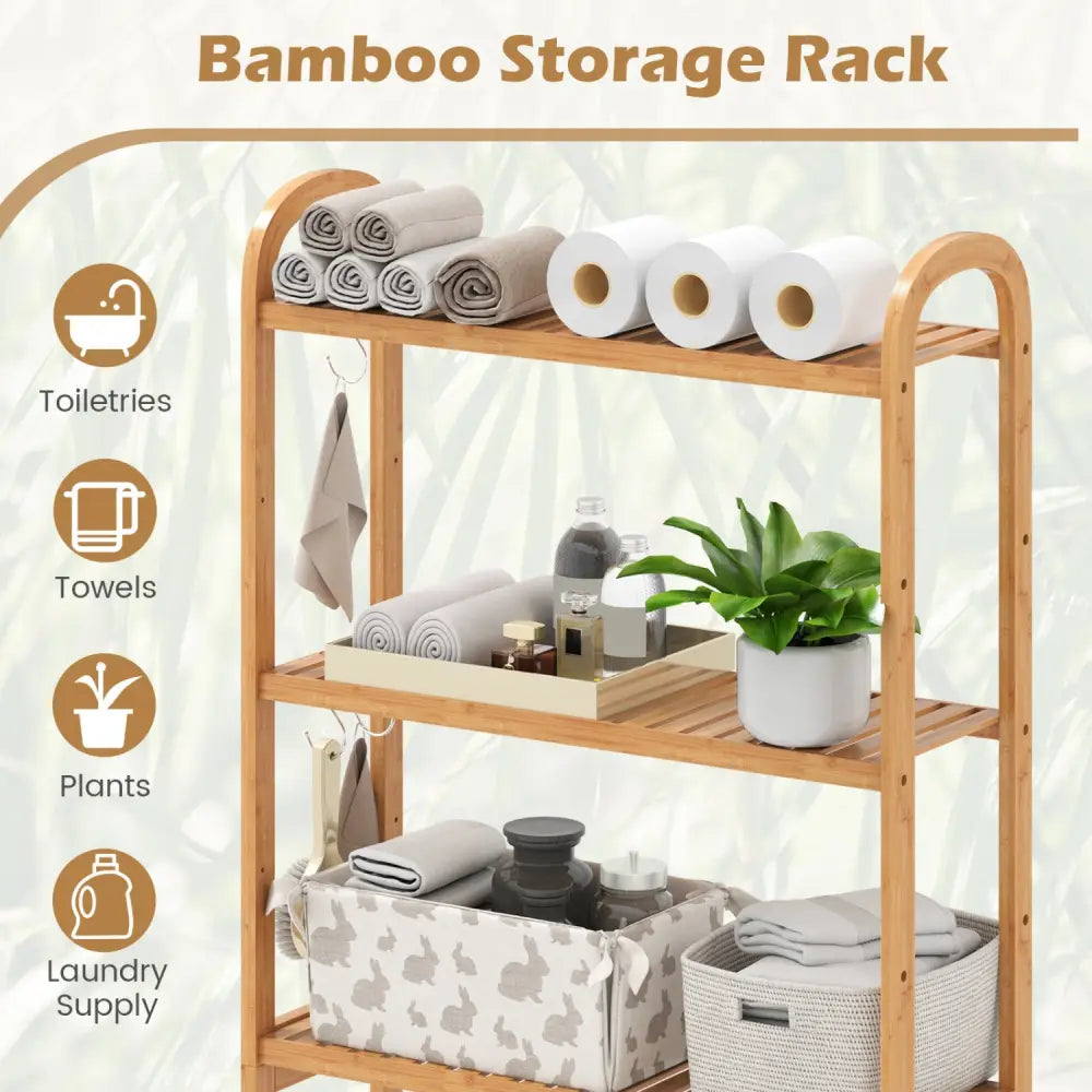 3-Tier Bamboo Bathroom Floor Organizer with 5-Position Shelves and 3 Hooks-Natural - Natural - Over the Toilet Storage