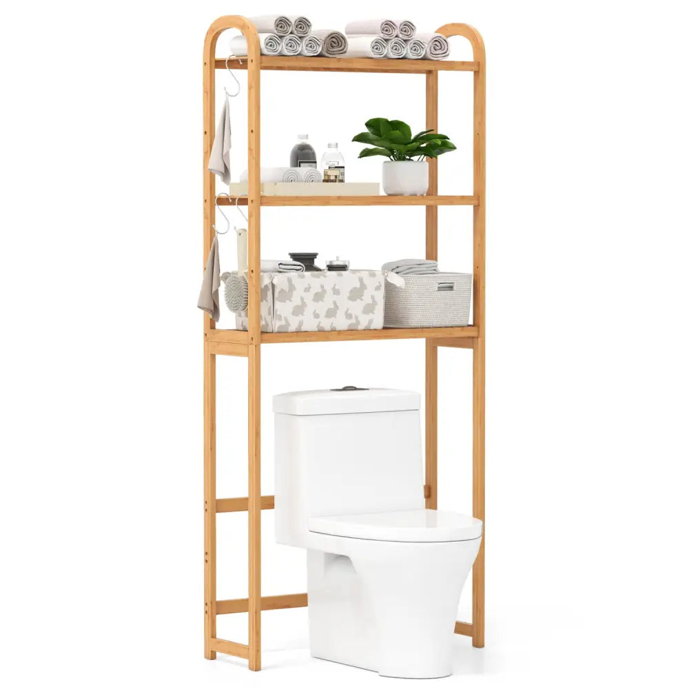 3-Tier Bamboo Bathroom Floor Organizer with 5-Position Shelves and 3 Hooks-Natural - Natural - Over the Toilet Storage