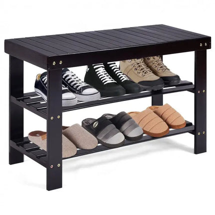 3 Tier Bamboo Bench Storage Shoe Shelf-Black - Black - Shoe Racks & Storage Benches