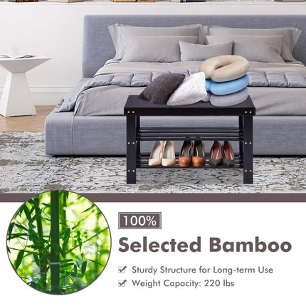 3 Tier Bamboo Bench Storage Shoe Shelf-Black - Black - Shoe Racks & Storage Benches