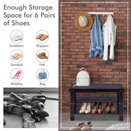 3 Tier Bamboo Bench Storage Shoe Shelf-Black - Black - Shoe Racks & Storage Benches