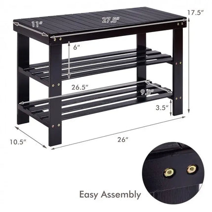3 Tier Bamboo Bench Storage Shoe Shelf-Black - Black - Shoe Racks & Storage Benches