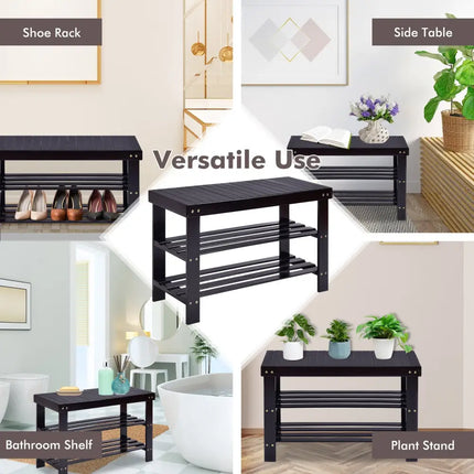 3 Tier Bamboo Bench Storage Shoe Shelf-Black - Black - Shoe Racks & Storage Benches
