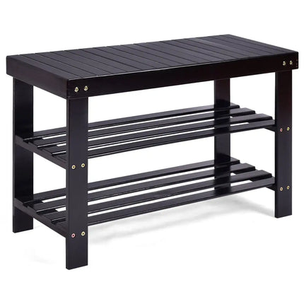 3 Tier Bamboo Bench Storage Shoe Shelf-Black - Black - Shoe Racks & Storage Benches