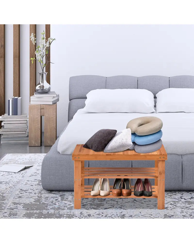 3 Tier Bamboo Bench Storage Shoe Shelf-Natural - Natural - Shoe Racks & Storage Benches