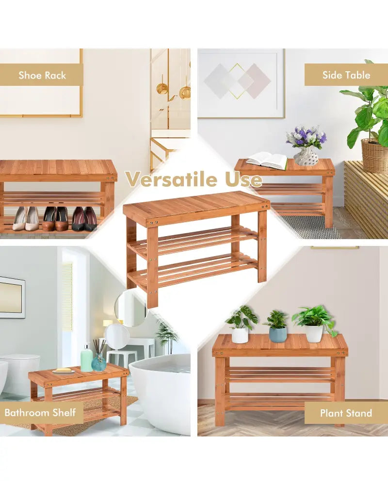 3 Tier Bamboo Bench Storage Shoe Shelf-Natural - Natural - Shoe Racks & Storage Benches