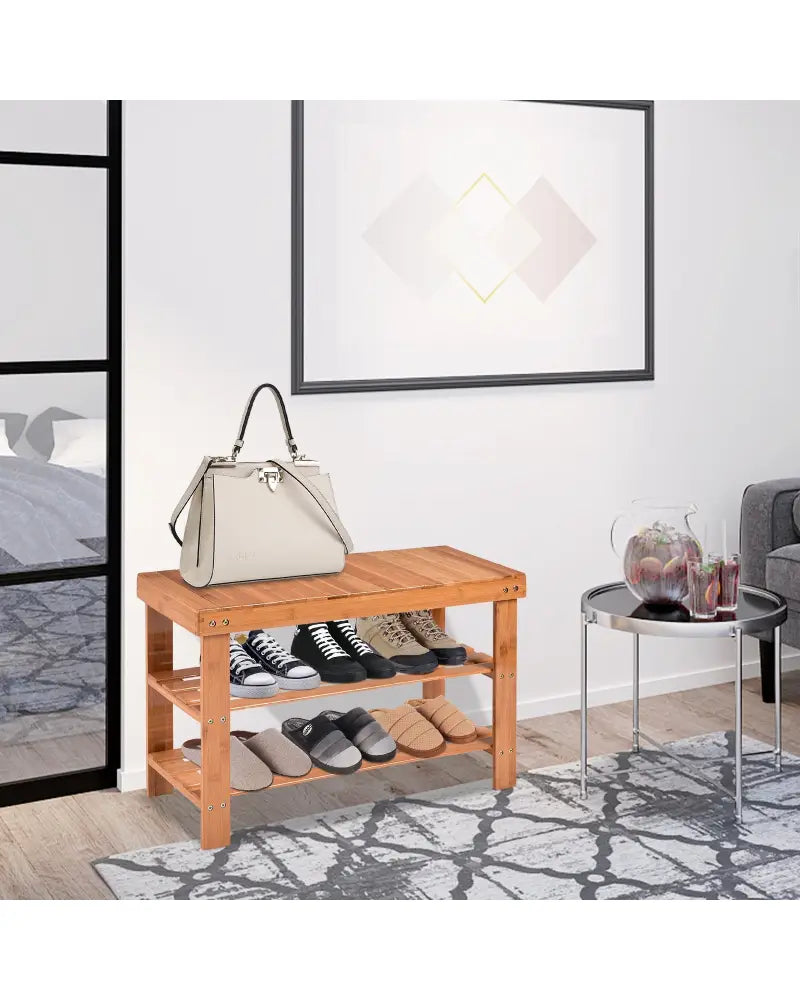 3 Tier Bamboo Bench Storage Shoe Shelf-Natural - Natural - Shoe Racks & Storage Benches