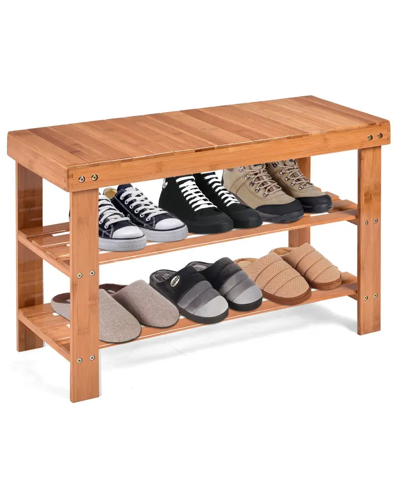3 Tier Bamboo Bench Storage Shoe Shelf-Natural - Natural - Shoe Racks & Storage Benches