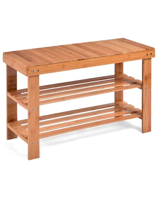 3 Tier Bamboo Bench Storage Shoe Shelf-Natural - Natural - Shoe Racks & Storage Benches