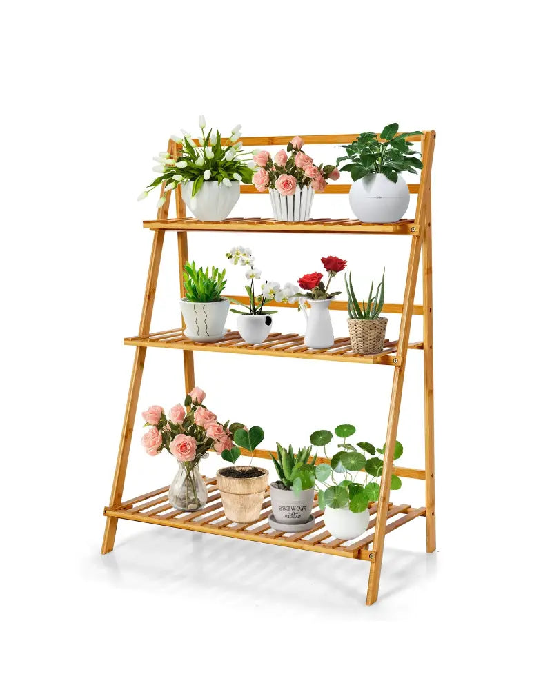 3-Tier Bamboo Foldable Plant Stand with Display Shelf Rack - Natural - Plant Stands