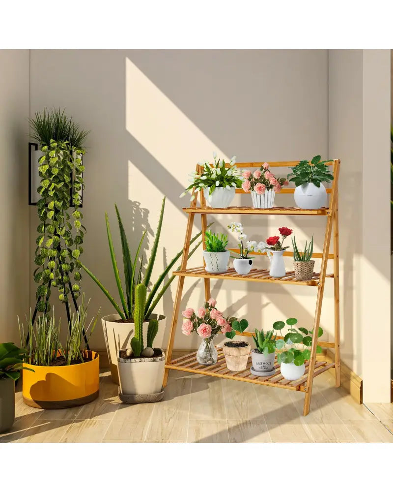 3-Tier Bamboo Foldable Plant Stand with Display Shelf Rack - Natural - Plant Stands