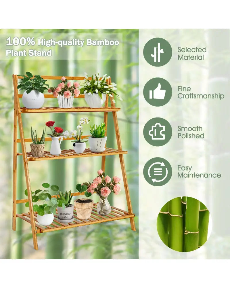 3-Tier Bamboo Foldable Plant Stand with Display Shelf Rack - Natural - Plant Stands