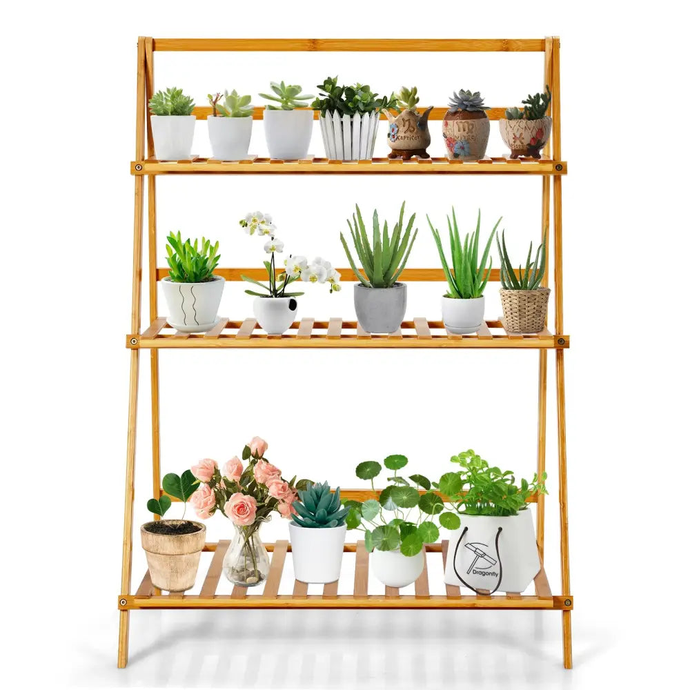 3-Tier Bamboo Foldable Plant Stand with Display Shelf Rack - Natural - Plant Stands
