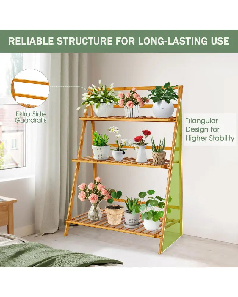 3-Tier Bamboo Foldable Plant Stand with Display Shelf Rack - Natural - Plant Stands