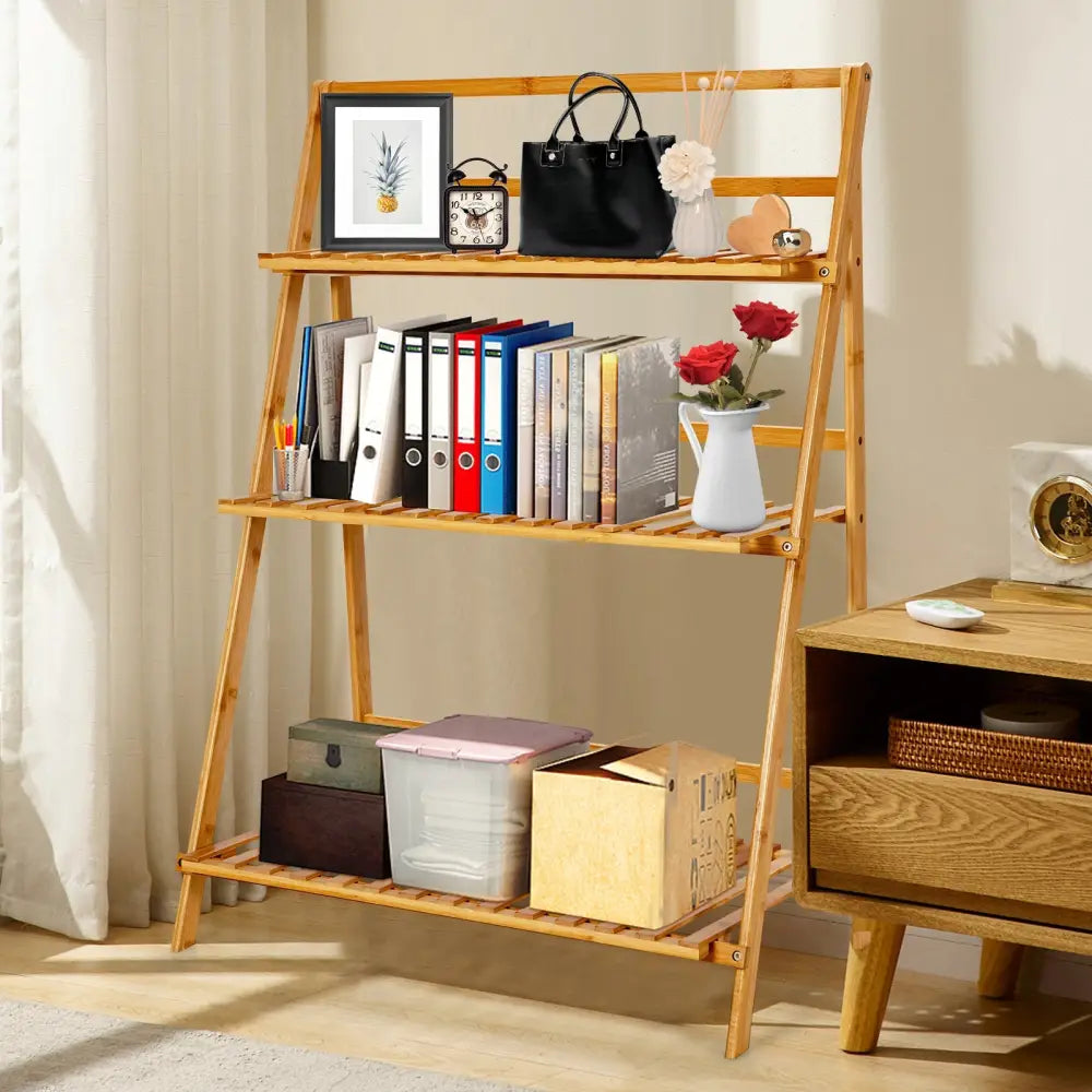 3-Tier Bamboo Foldable Plant Stand with Display Shelf Rack - Natural - Plant Stands