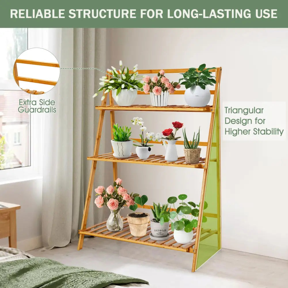 3-Tier Bamboo Foldable Plant Stand with Display Shelf Rack - Natural - Plant Stands