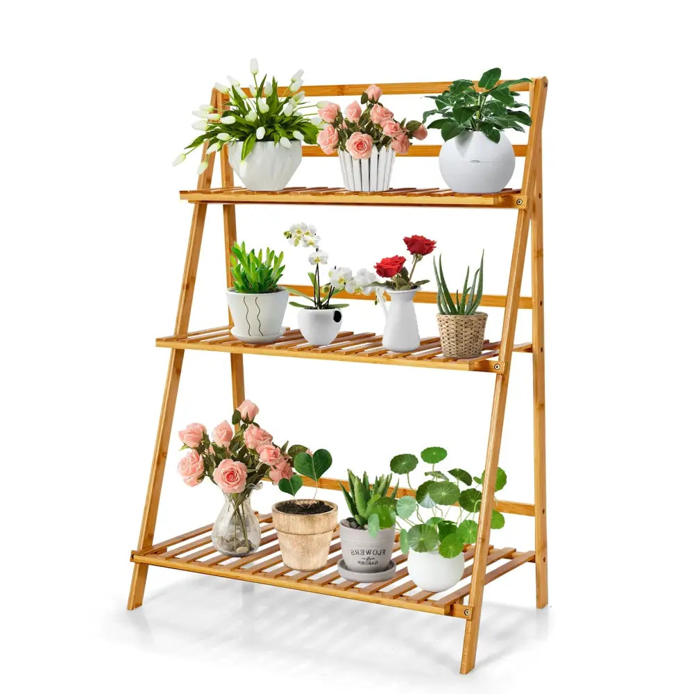 3-Tier Bamboo Foldable Plant Stand with Display Shelf Rack - Natural - Plant Stands