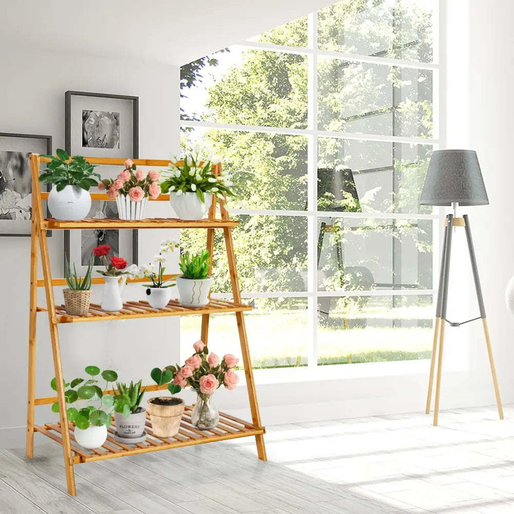 3-Tier Bamboo Foldable Plant Stand with Display Shelf Rack - Natural - Plant Stands
