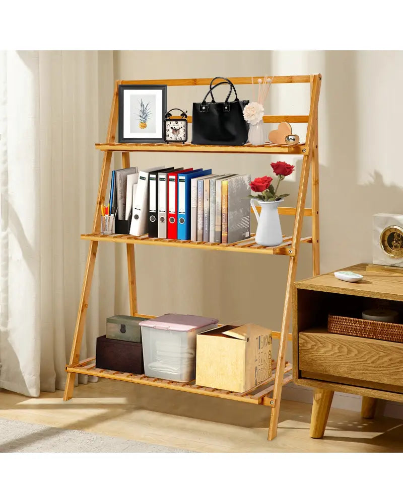 3-Tier Bamboo Foldable Plant Stand with Display Shelf Rack - Natural - Plant Stands