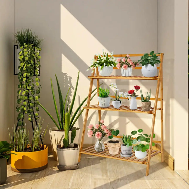 3-Tier Bamboo Foldable Plant Stand with Display Shelf Rack - Natural - Plant Stands