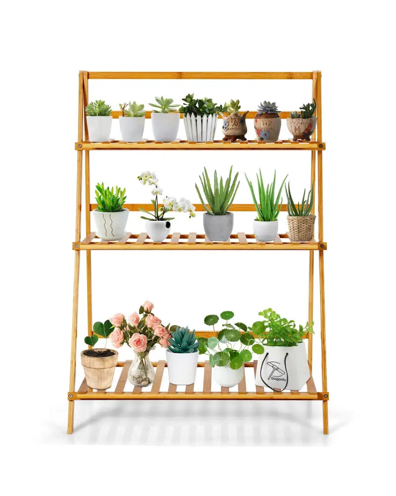 3-Tier Bamboo Foldable Plant Stand with Display Shelf Rack - Natural - Plant Stands