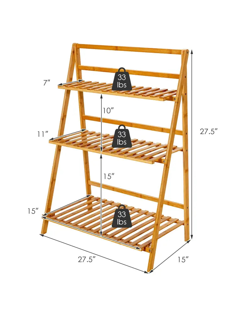 3-Tier Bamboo Foldable Plant Stand with Display Shelf Rack - Natural - Plant Stands