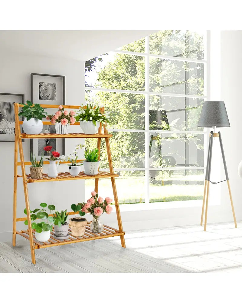 3-Tier Bamboo Foldable Plant Stand with Display Shelf Rack - Natural - Plant Stands