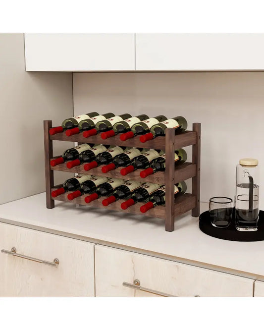 3-Tier Bamboo Freestanding Countertop Wine Bottle Organizer-Coffee - Coffee - Wine Racks