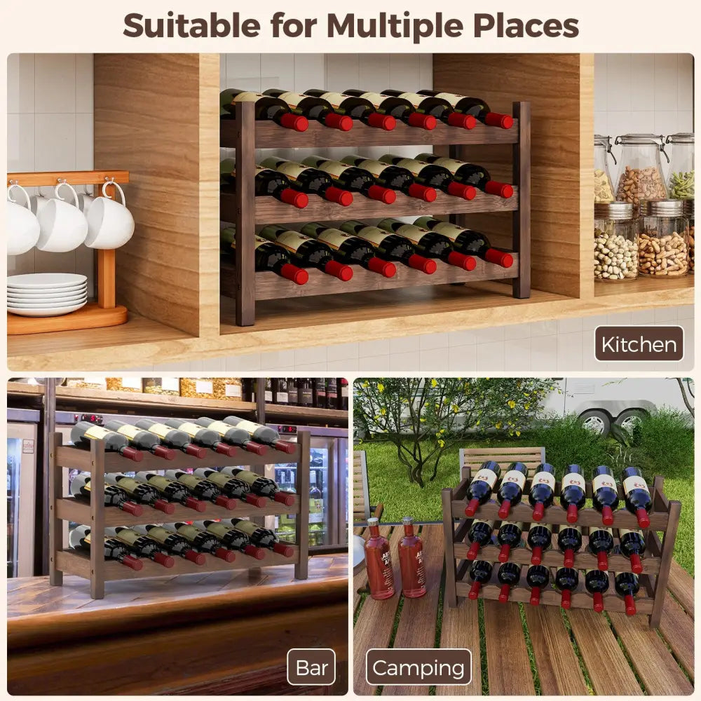 3-Tier Bamboo Freestanding Countertop Wine Bottle Organizer-Coffee - Coffee - Wine Racks