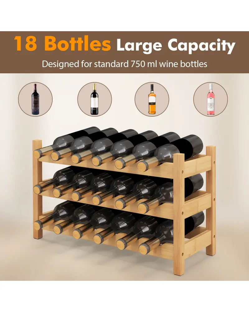 3-Tier Bamboo Freestanding Countertop Wine Bottle Organizer-Natural - Natural - Wine Racks