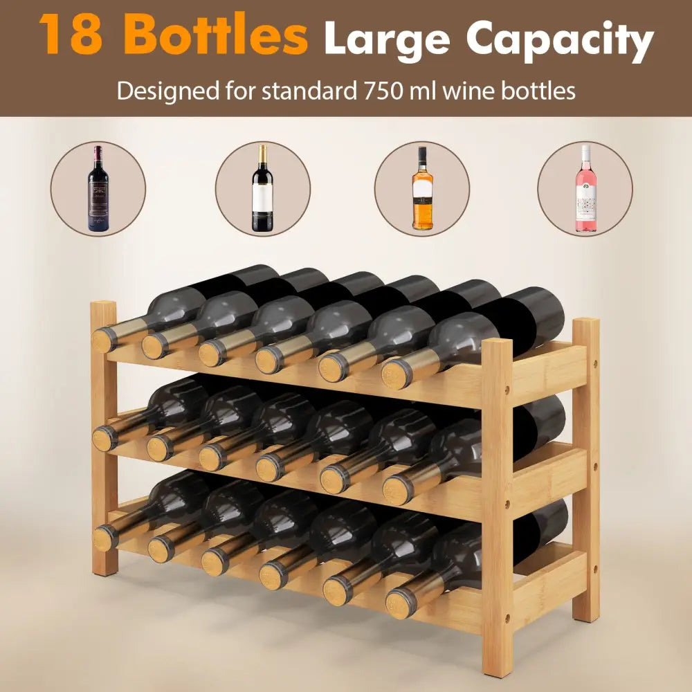 3-Tier Bamboo Freestanding Countertop Wine Bottle Organizer-Natural - Natural - Wine Racks