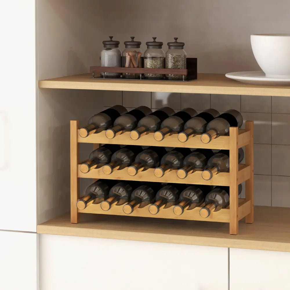 3-Tier Bamboo Freestanding Countertop Wine Bottle Organizer-Natural - Natural - Wine Racks