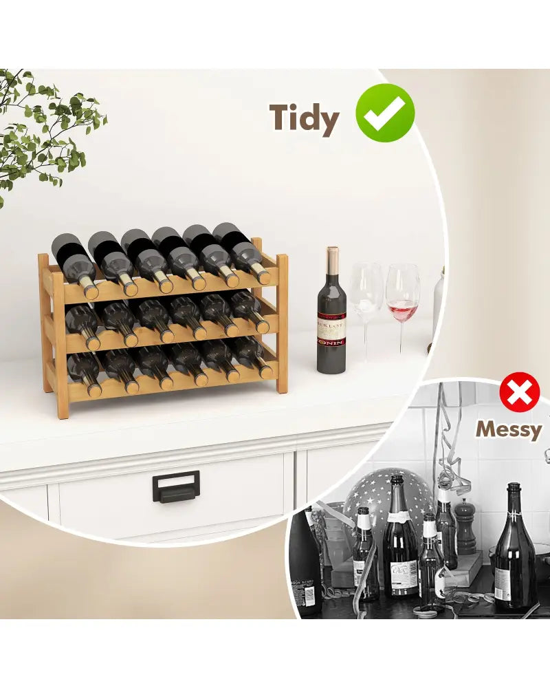 3-Tier Bamboo Freestanding Countertop Wine Bottle Organizer-Natural - Natural - Wine Racks