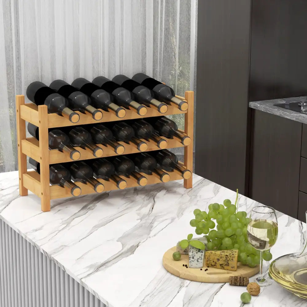 3-Tier Bamboo Freestanding Countertop Wine Bottle Organizer-Natural - Natural - Wine Racks
