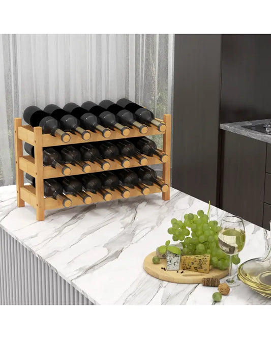 3-Tier Bamboo Freestanding Countertop Wine Bottle Organizer-Natural - Natural - Wine Racks
