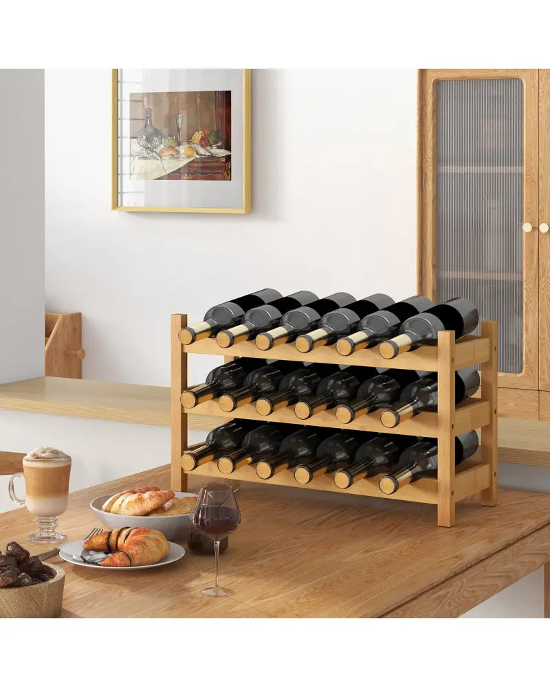 3-Tier Bamboo Freestanding Countertop Wine Bottle Organizer-Natural - Natural - Wine Racks