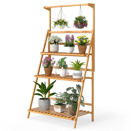 3 Tier Bamboo Hanging Plant Stand with Height Adjustable Hanger Rod-Natural - Natural - Plant Stands