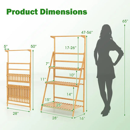3 Tier Bamboo Hanging Plant Stand with Height Adjustable Hanger Rod-Natural - Natural - Plant Stands