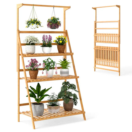 3 Tier Bamboo Hanging Plant Stand with Height Adjustable Hanger Rod-Natural - Natural - Plant Stands