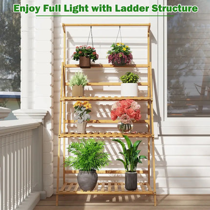 3 Tier Bamboo Hanging Plant Stand with Height Adjustable Hanger Rod-Natural - Natural - Plant Stands