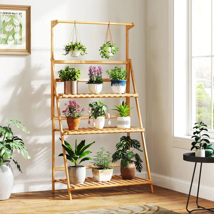 3 Tier Bamboo Hanging Plant Stand with Height Adjustable Hanger Rod-Natural - Natural - Plant Stands