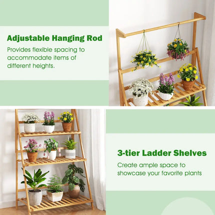 3 Tier Bamboo Hanging Plant Stand with Height Adjustable Hanger Rod-Natural - Natural - Plant Stands