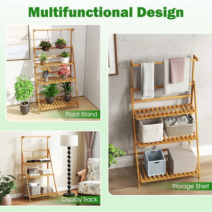 3 Tier Bamboo Hanging Plant Stand with Height Adjustable Hanger Rod-Natural - Natural - Plant Stands