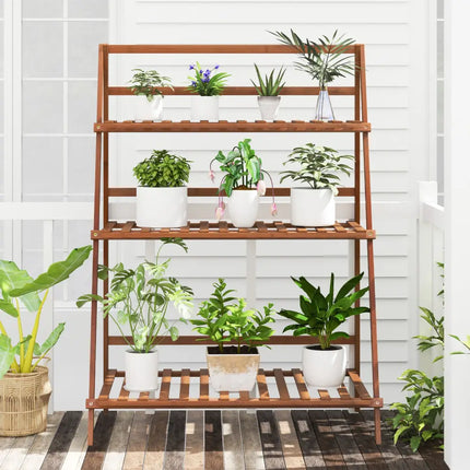 3-Tier Bamboo Ladder Shelf Foldable Plant Flower Bookshelf-Brown - Brown - Plant Stands