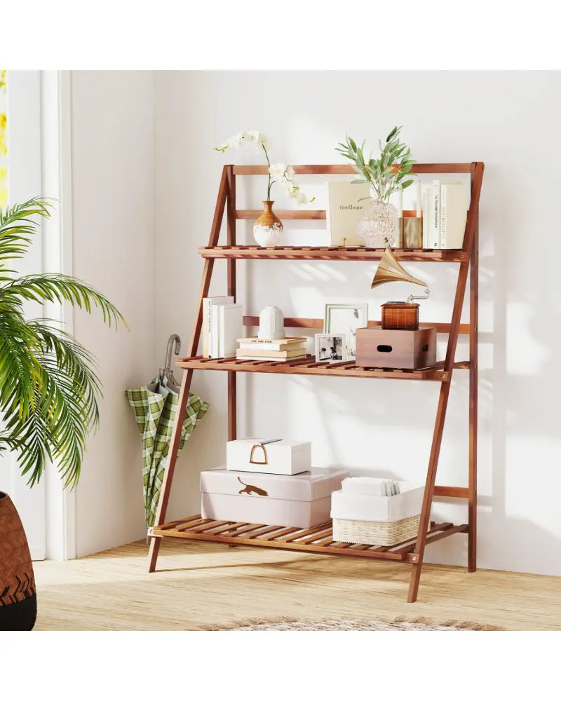 3-Tier Bamboo Ladder Shelf Foldable Plant Flower Bookshelf-Brown - Brown - Plant Stands