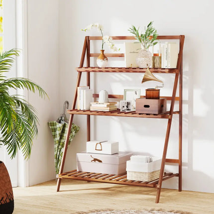 3-Tier Bamboo Ladder Shelf Foldable Plant Flower Bookshelf-Brown - Brown - Plant Stands
