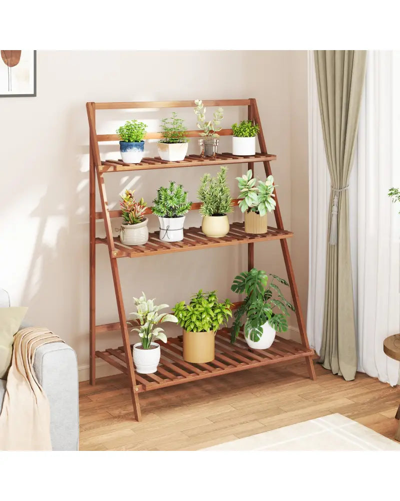 3-Tier Bamboo Ladder Shelf Foldable Plant Flower Bookshelf-Brown - Brown - Plant Stands