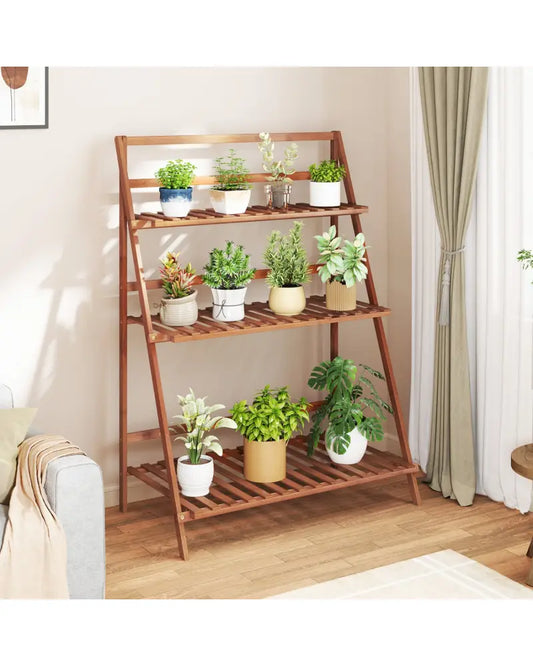 3-Tier Bamboo Ladder Shelf Foldable Plant Flower Bookshelf-Brown - Brown - Plant Stands