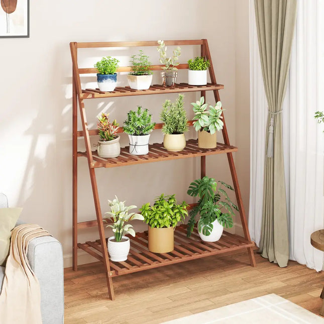 3-Tier Bamboo Ladder Shelf Foldable Plant Flower Bookshelf-Brown - Brown - Plant Stands