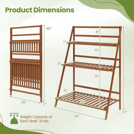3-Tier Bamboo Ladder Shelf Foldable Plant Flower Bookshelf-Brown - Brown - Plant Stands